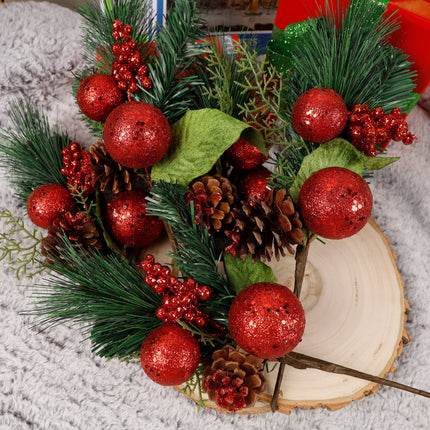 DR.DUDU Christmas 6 Pack 12'' Elegant Faux Picks Evergreen Sprigs + Gold & Silver Globe Ornaments + Pine Cone + Green Poinsettia Leaf + Mini Gold Balls (Red)