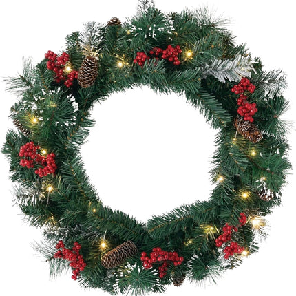 Sullivans Prelit 24" Christmas Wreath, Christmas Decor, Christmas Door Wreath with Lights, Lighted Pine Christmas Wreath, Flocked Tips Pine Red Berry Wreath with Lights, Battery Timer, Holiday Décor