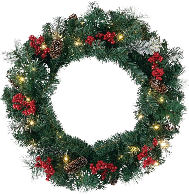 Sullivans Prelit 24" Christmas Wreath, Christmas Decor, Christmas Door Wreath with Lights, Lighted Pine Christmas Wreath, Flocked Tips Pine Red Berry Wreath with Lights, Battery Timer, Holiday Décor