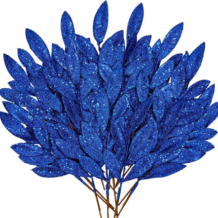 DILATATA 20 Pcs Christmas Glitter Bay Leaves 11" Blue Artificial Glitter Leaf Spray Christmas Tree Picks for Xmas Wreath DIY Garland Home Decor - Blue