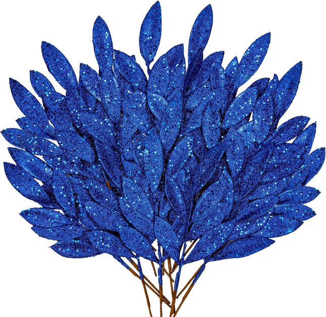 DILATATA 20 Pcs Christmas Glitter Bay Leaves 11" Blue Artificial Glitter Leaf Spray Christmas Tree Picks for Xmas Wreath DIY Garland Home Decor - Blue