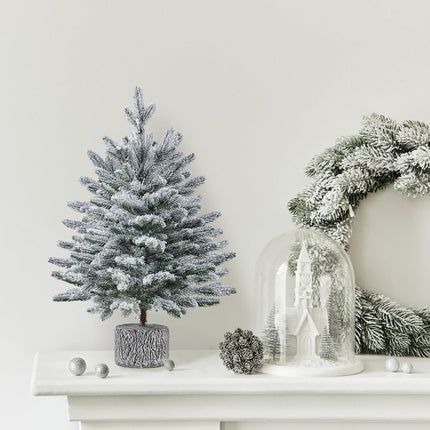Yaheetech 2FT Pre-lit Potted Flocked Christmas Tree, Snow Frosted Mini Tabletop Artificial Christmas Tree with 35 Warm White LED Lights and 262 PE Branch Tips for Holiday Decoration
