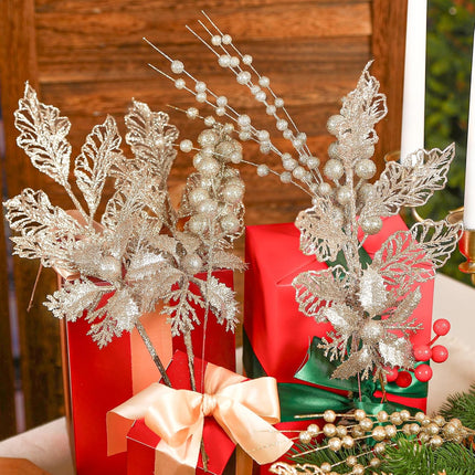 24Pcs 3 Styles Christmas Glitter Tree Picks and Sprays, Artificial Holly Berry Stems Decorations, Floral Twigs Sprays with Berries for Xmas Tree Wreath Decor, DIY Craft for Garland, Champagne Gold