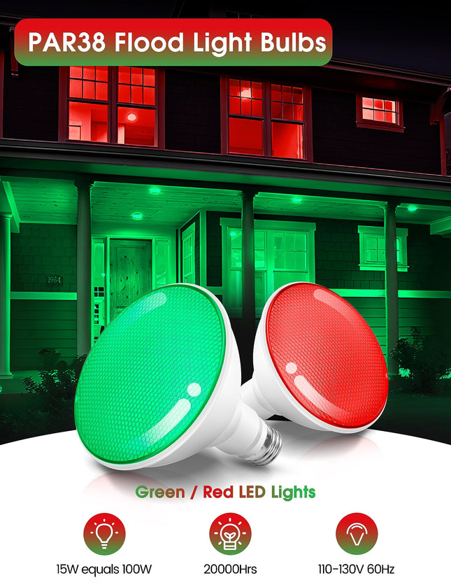 Red and Green Light Bulbs [4 Pack], Par38 LED Red Green Flood Light Bulbs Outdoor for Christmas Decor 15W E26, Red Green Bulb Christmas Light Bulbs Porch Home Lighting, Non-Dimmable, 2 Red+2 Green