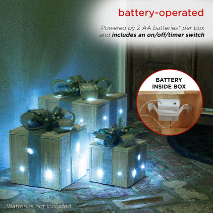 Alpine Corporation 3-Piece Wooden Box Christmas Decor with LED Lights, Silver