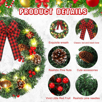 Lyrow 4 Pcs Christmas Wreath 13.8 Inches Prelit Small Xmas Wreaths with Red and Black Bow Christmas Door Wreath with Pine Cones Red Berries for Door Outdoor Holiday Party