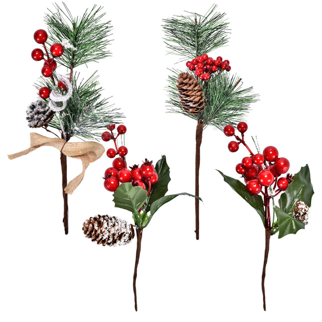 Boutique 12 Red Berry and Pine Cone Christmas Picks with Holly Branches for Holiday Decorations Great Addition to Any Christmas Decor Crafts, Wreath, Garland or Tree