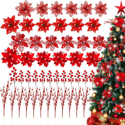Hotop 48 Pcs 4 Styles Christmas Glitter Poinsettia Artificial Flowers 24,12 Bead Sticks,12 Berries Stems Gold Christmas Tree Ornament with Clips and Stem for Xmas Wedding Wreath Decoration (Red)