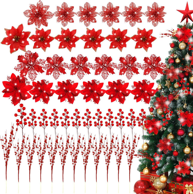 Hotop 48 Pcs 4 Styles Christmas Glitter Poinsettia Artificial Flowers 24,12 Bead Sticks,12 Berries Stems Gold Christmas Tree Ornament with Clips and Stem for Xmas Wedding Wreath Decoration (Red)