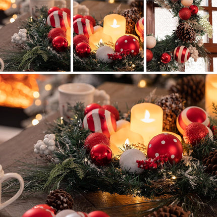 Valery Madelyn Pre-Lit Christmas Wreath for Front Door with Lights, 24 Inch Large Lighted Christmas Wreath with Red White Xmas Ball for Fireplace Window Outdoor Table Centerpiece Holiday Decoration
