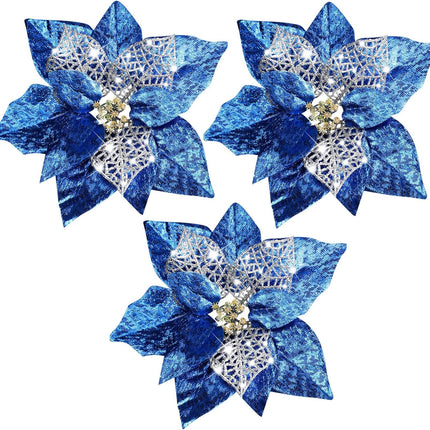 30 Pieces 8 Inches Large Christmas Artificial Poinsettia Flower Christmas Tree Glitter Faux Flowers Floral Wreath Garland Xmas Tree Ornaments for Wedding Holiday Wreath DIY (Blue)