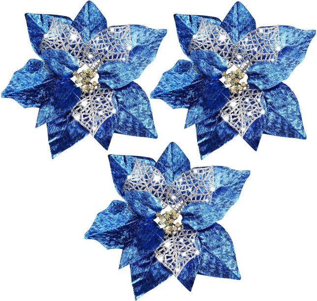 30 Pieces 8 Inches Large Christmas Artificial Poinsettia Flower Christmas Tree Glitter Faux Flowers Floral Wreath Garland Xmas Tree Ornaments for Wedding Holiday Wreath DIY (Blue)