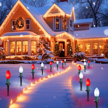 Brightown Frosted C9 LED Christmas Lights Outdoor, 32Ft Christmas Pathway Lights with 25 LED Bulbs and Stakes, Christmas Decorations Outside Driveway Walkway Sidewalk, Red and White