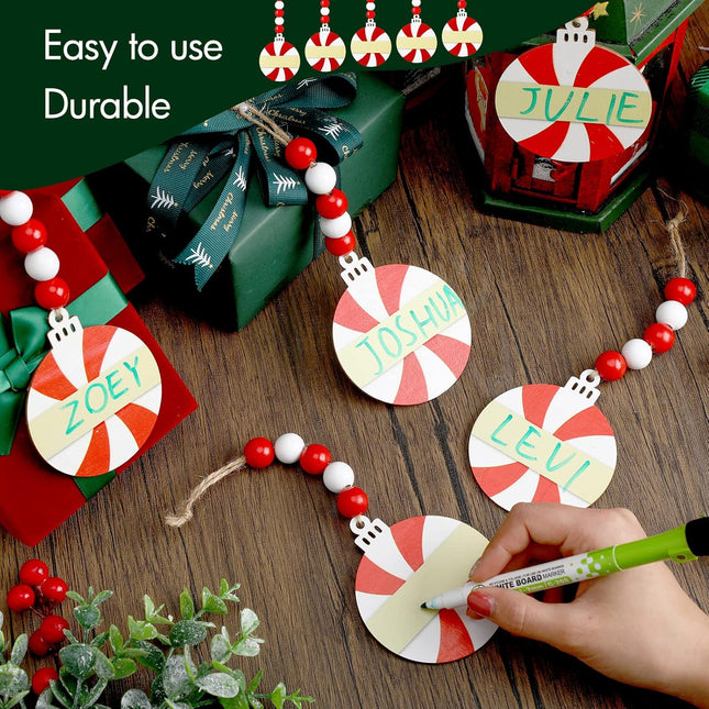 Funtery 16 Pieces Christmas Stocking Name Tags Wood Christmas Stocking Tags Candy Cane Ornament Rustic Red and White Xmas Tree Name Tags Decor with Bead Garland for DIY Farmhouse Decor