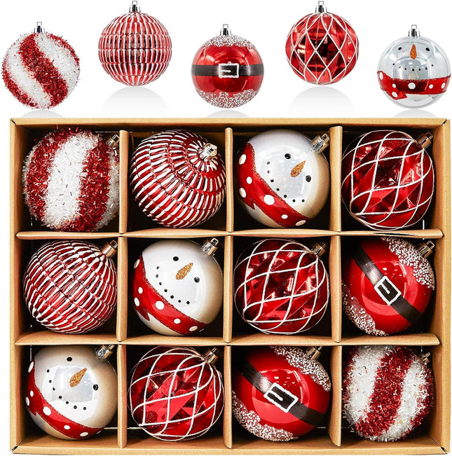 80MM Christmas Balls Ornaments, 12ct Shatterproof Christmas Decorations for Xmas Tree, Hanging Ornaments for Holiday Xmas Party, Red & White