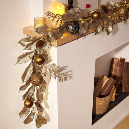 Decorbyhannah Christmas Garland with Lights, 6ft Prelit Christmas Garland Decorations with Gold Leaves Ornaments, Battery Operated Christmas Garland Indoor for Mantle, Stairs(Luxury Gold & Black)