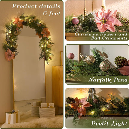 Decorbyhannah Christmas Poinsettia Garland with Lights, 6ft Lighted Artificial Greenery Garland Christmas Decorations with Pink Gold Ornaments, Battery Operated Christmas Garland Indoor for Mantle
