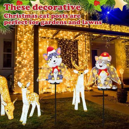 2 Pack Solar Christmas Stake Lights, LED Christmas Decorative Stakes Metal Cat with Santa Hat for Outdoor Xmas Pathway Lights Holiday Lawn Yard Garden Decoration, 32 Inches