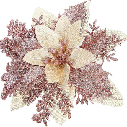 15 Pcs Glitter Poinsettia Artificial Christmas Flowers, Rosegold Decorations for Tree, Wreath, Garland - With Clips and Stems, 5.5 Inch