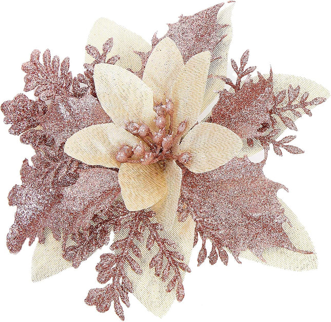 15 Pcs Glitter Poinsettia Artificial Christmas Flowers, Rosegold Decorations for Tree, Wreath, Garland - With Clips and Stems, 5.5 Inch