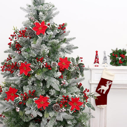 SOMYTING Christmas Garland 6FT Christmas Poinsettia Garland with Red Berries Holly Leaves Artificial Pine Needle Red Berry Garland Artificial Xmas Flower for Indoor Outdoor Christmas Decortions (2PCS)