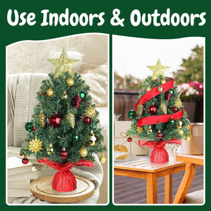 Small Tabletop Christmas Tree 24 Inch /2FT Mini Xmas Christmas Tree with Warm-White Lights,Mini Table Top Christmas Tree with Hanging Ornaments and Star Treetop, Boxes for DIY Christmas Decoration