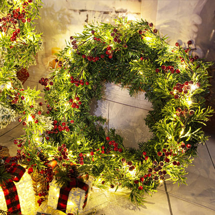 2 Pack Artificial Christmas Garland String Lights with 162 Snowy Red Berries 55 Green Leaves 20 LED Lights Battery Operated for Xmas Mantle Indoor Outdoor Holiday Christmas Decoration