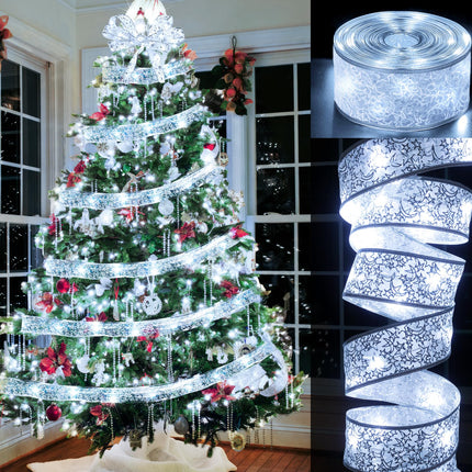 ilauke 65.5Ft Christmas Fairy Lights, Silver Christmas Ribbon Lights Ribbon Bows Fairy String Lights for Christmas Tree Decorations, Xmas Topper Outdoor Indoor Decor