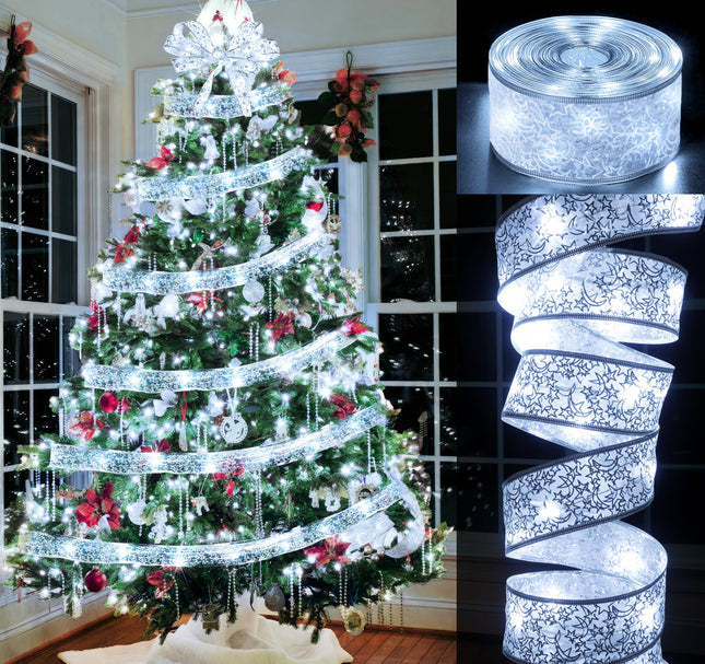 ilauke 65.5Ft Christmas Fairy Lights, Silver Christmas Ribbon Lights Ribbon Bows Fairy String Lights for Christmas Tree Decorations, Xmas Topper Outdoor Indoor Decor