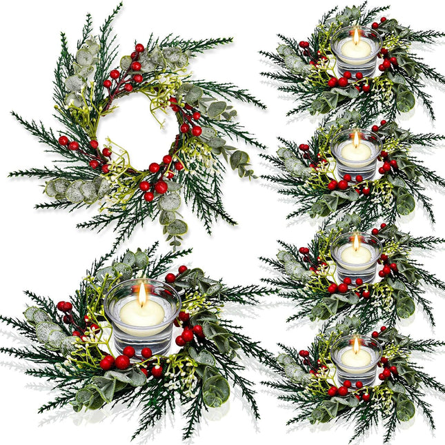 Christmas Candle Rings Artificial Red Berries Snowy Pine Needles Garland Candle Rings Wreaths Candle Rings for Pillars Rustic Wedding Centerpiece Christmas Table Decoration for Front Door (12 Pcs)