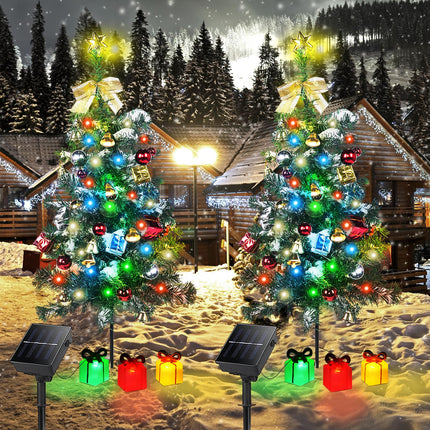 Solar Christmas Tree Decorations Outdoor Lights 2 Pack with 60 LED 44 Xmas Ornaments 6 Lighted Boxes 8 Modes 30Inch Mini Prelit Christmas Tree for Porch Pathway Yard Grave Cemetery Decor