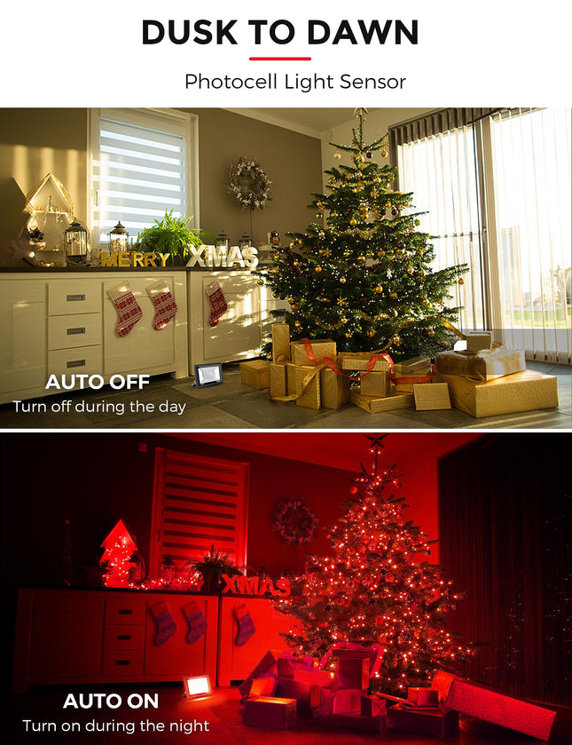 LOHAS Red LED Flood Light Outdoor, 𝑫𝒖𝒔𝒌 𝒕𝒐 𝑫𝒂𝒘𝒏 50W Plug in Flood Light, IP66 Waterproof Christmas Decorations, 2300lm Christmas Lights for Yard, Garage, Party, UL Listed, 2 Pack