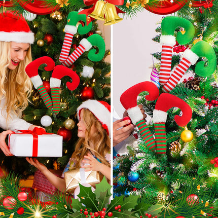 4 Pcs Christmas Picks Christmas Elf Legs Boot Pick Striped Elf Ornaments for Christmas Tree Stuffed Elf Leg Tree Topper Elf Feet Elf Legs for Decor Xmas Holiday Indoor Outdoor Party, Red, Green, White
