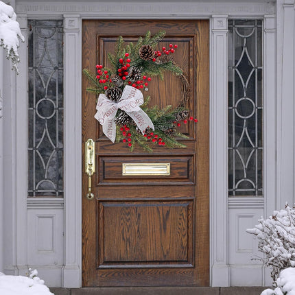 Cedar Christmas Wreaths with Red Berry - 15 Inch Winter Norfolk Pine Wreath with Bow, Pine Cones, Grapevine for Xmas Holiday Home Front Door Indoor Wall Decorations