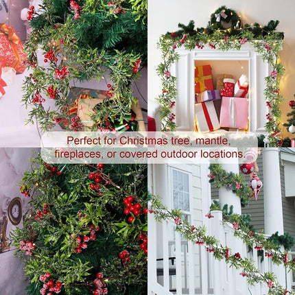 2 Pack Artificial Christmas Garland String Lights with 162 Snowy Red Berries 55 Green Leaves 20 LED Lights Battery Operated for Xmas Mantle Indoor Outdoor Holiday Christmas Decoration