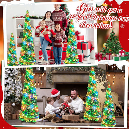 Leyndo 3 Pcs Pop up Christmas Tree with LED Light 3, 4, 5 ft Pre Lit Artificial Collapsible Christmas Tree Green and Gold Pencil Sequin Tinsel Skinny Xmas Tree for Indoor Home Fireplace Decoration