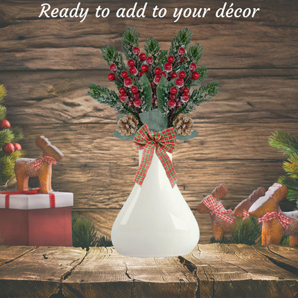 BANBERRY DESIGNS Holiday Pine Snowy Flower Picks 10 Pieces - Snow Flocked Red Holly Berry Pine Cone Floral Sprays -Decoration AMD Crafting - Measures 11" L