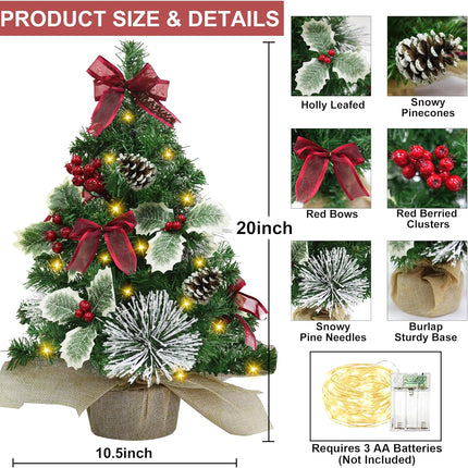 20 Inch Tabletop Mini Christmas Tree with Lights & Timer 20 LEDs Holly Leafed Berried Red Bows Decorated Artificial Small Christmas Tree with Lights Christmas Decorations for Xmas Home Decor
