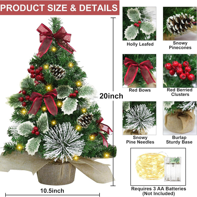 20 Inch Tabletop Mini Christmas Tree with Lights & Timer 20 LEDs Holly Leafed Berried Red Bows Decorated Artificial Small Christmas Tree with Lights Christmas Decorations for Xmas Home Decor