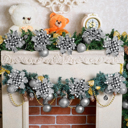 5.7 Inch Artificial Poinsettias Christmas Glitter Flowers with Clips Xmas Tree Flower Ornament Poinsettias Decor (Black and White Buffalo with Silver Petals,24 Pieces)