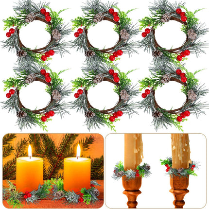 6 Pieces Christmas Candle Ring Artificial Berry Candle Rings with Pine Cones Small Wreaths for Home, Wedding, Living Room and Christmas Holiday Table Decoration (Red, 4.7 Inch)