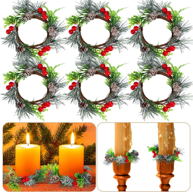 6 Pieces Christmas Candle Ring Artificial Berry Candle Rings with Pine Cones Small Wreaths for Home, Wedding, Living Room and Christmas Holiday Table Decoration (Red, 4.7 Inch)