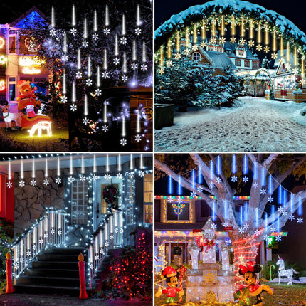 Enhon 2 Pack Meteor Shower Snowflake Lights Outdoor with Timer, Total 480 LED 12in 16 Tube Connectable Waterproof Meteor Rain Drop Christmas Light with Snowflake for Xmas Tree Roof Garden(Blue)