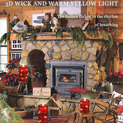 Red Flameless Candles with String Lights Battery Operated LED Pillar Candles 4‘’ 5‘’ 6‘’ Candle with Remote Control,Fake Candle Set of 3 for Christmas or Special Festivals Decorations