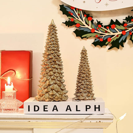 Gold Christmas Tree Figurines, 2Pcs Resin Glitter Christmas Tree for Tabletop Decoration, Small Christmas Tree Set, Decorative Xmas Trees for Christmas Mantel Indoor Home Decor