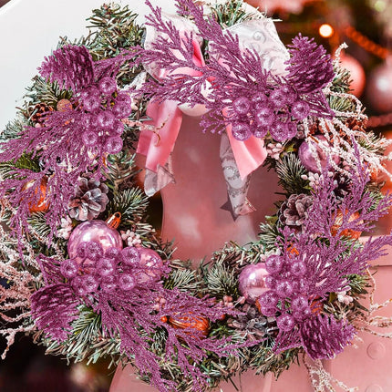 Winlyn 12 Pcs Christmas Artificial Pine Branches Pink Glittered Pine Needles with Pinecone and Berries Christmas Floral Picks 14.2" for Pink Christmas Tree Seasonal Wreath Swag Garland Wedding Bouquet
