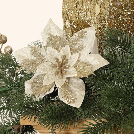 24Pcs 3 Styles 6 inch Poinsettias Artificial Christmas Flowers, Glitter Christmas Tree Decorations, Floral Ornaments for Home/Party, Xmas Decor Flowers with Clips and Stems, Champagne Gold