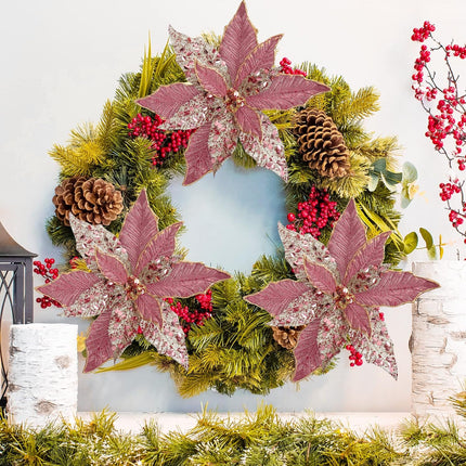 Briful 12'' Large Heads Christmas Glitter Poinsettia Flowers Christmas Tree Ornaments Set of 4 Artificial Flowers with Long Stems for Xmas Tree Party DIY Holiday Decorations, Pink