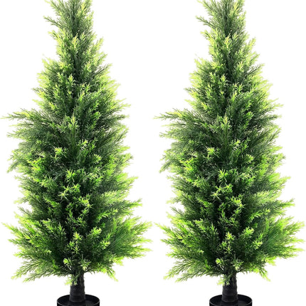 KOL 4FT 2-Pack Artificial Cedar Topiary Trees UV Resistant Potted Shrubs Fake Plants, Faux Pine Tree Plant for Home Office Garden Front Porch Patio Indoor Outdoor Party Wedding Christmas Decor