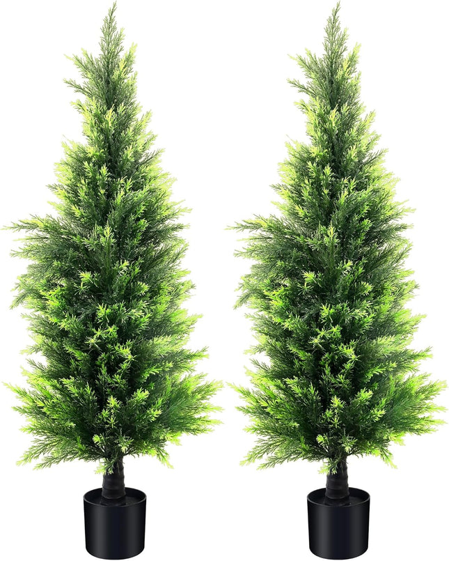 KOL 4FT 2-Pack Artificial Cedar Topiary Trees UV Resistant Potted Shrubs Fake Plants, Faux Pine Tree Plant for Home Office Garden Front Porch Patio Indoor Outdoor Party Wedding Christmas Decor